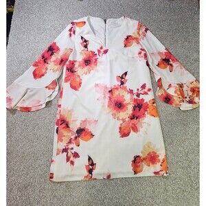 Calvin Klein Dress Womens 12 White Floral Shift Short Zipper V-Neck Long Sleeve
